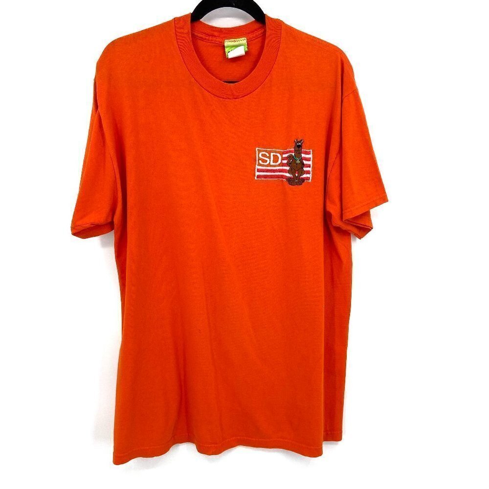 SCOOBY DOO Cartoon Network Men's Orange Flag Embroidered T-Shirt Size Large